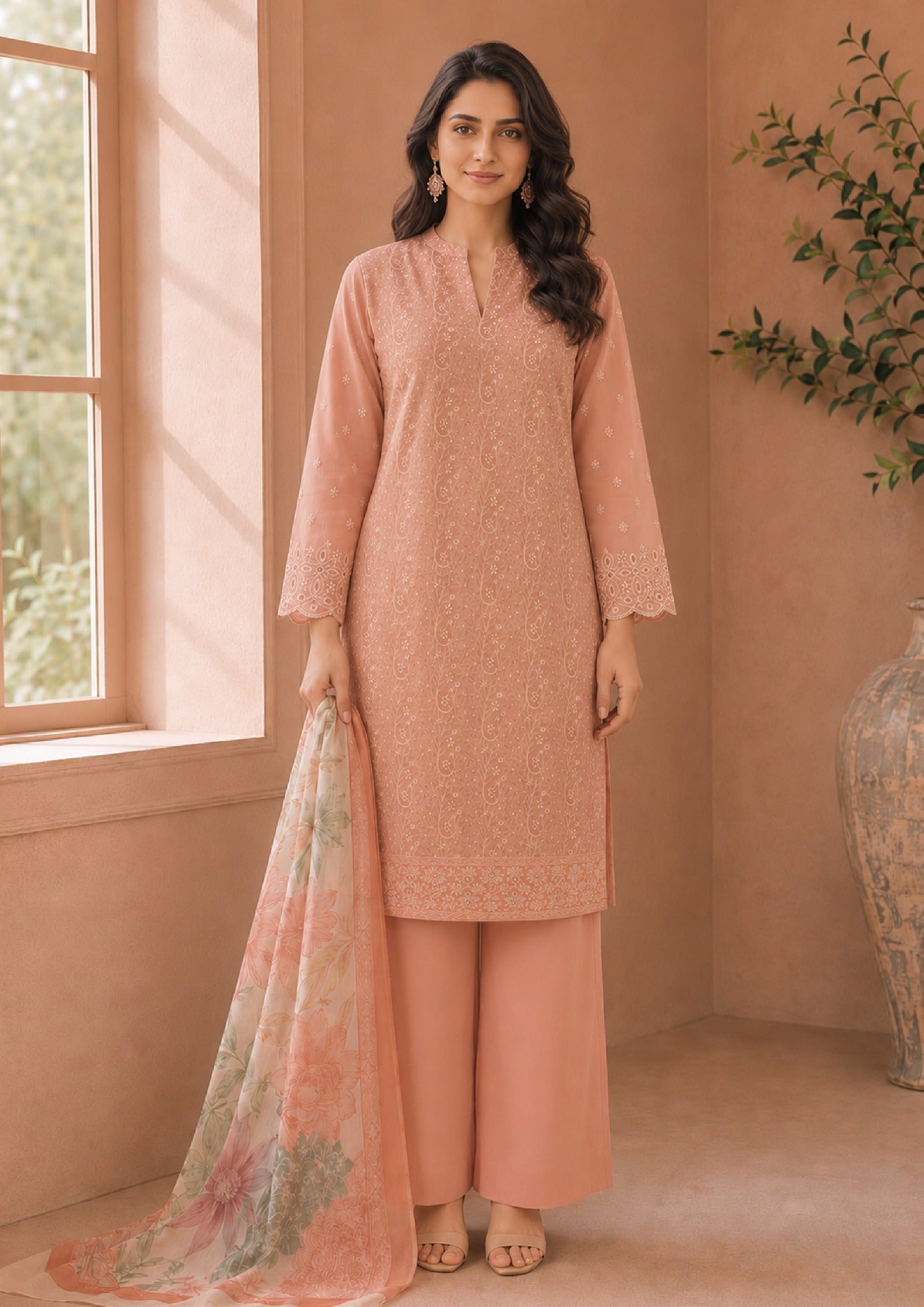 Peach Ensemble 3 Piece Stitched Embroidered Suit by Mirasl front view with Printed Georgette Dupatta