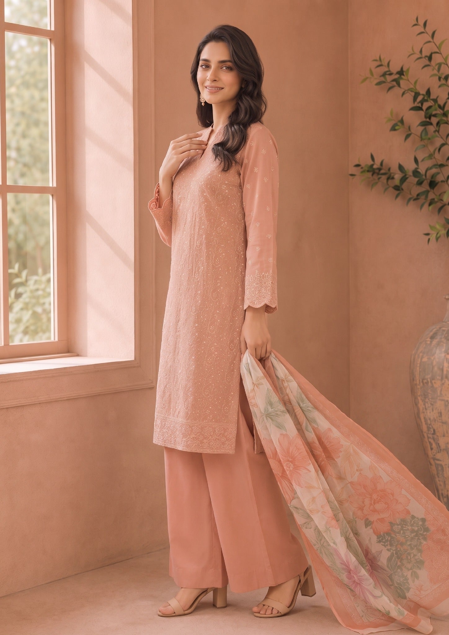Side view of Peach Ensemble embroidered lawn suit for women
