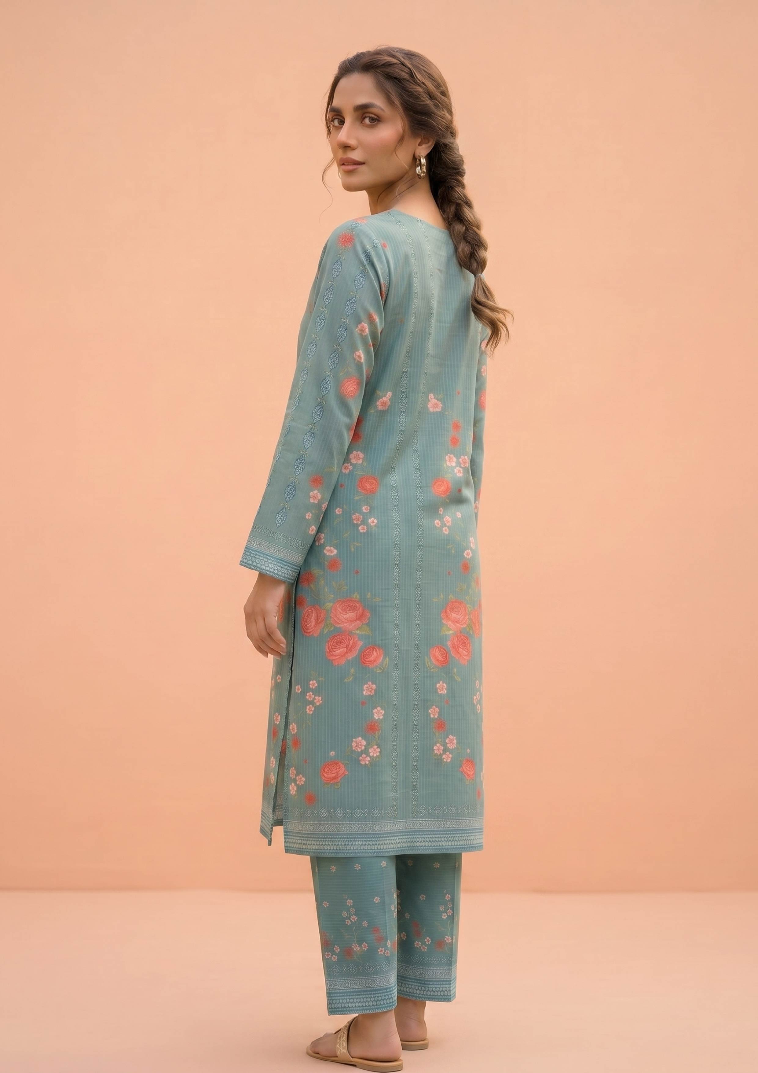 Mirasl Spring Marine 2 piece stitched co-ord set with a marine green printed kurti, floral details, straight sleeves, and matching printed trousers