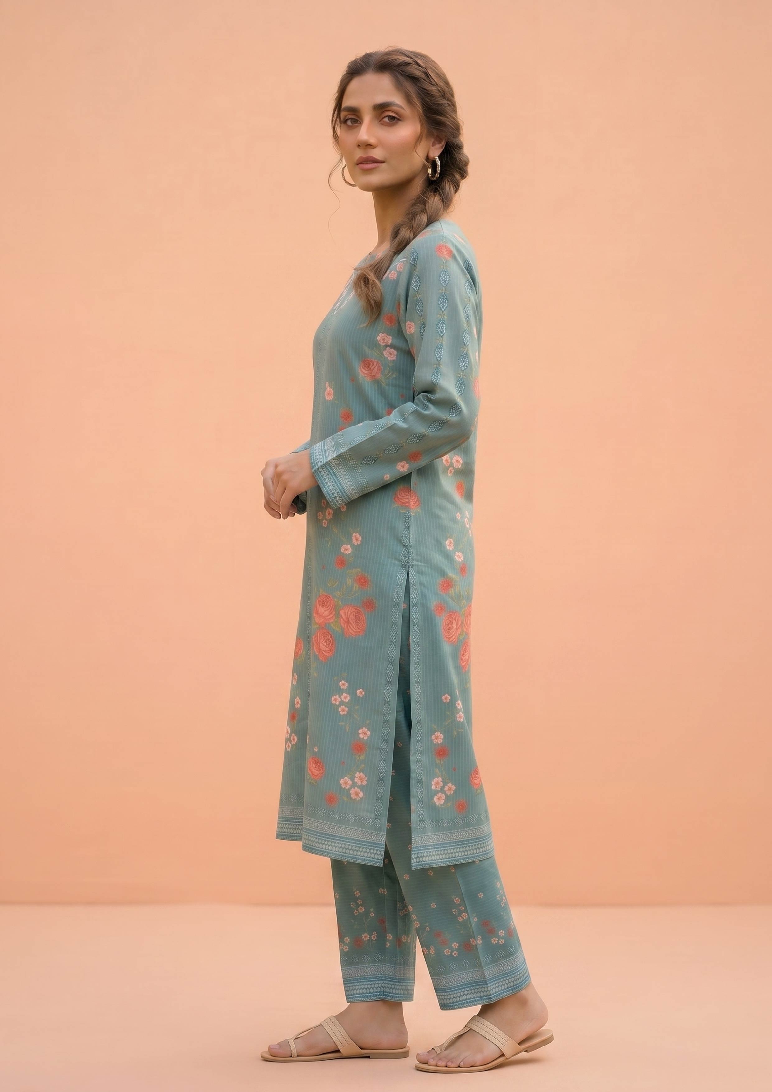 Back view of Mirasl Spring Marine 2 piece co-ord set featuring a marine green floral printed kurti and matching printed trousers.