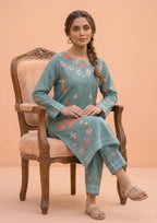 Side view of Mirasl Spring Marine floral printed kurti with matching trousers, designed as a comfortable ready-to-wear 2 piece stitched co-ord set