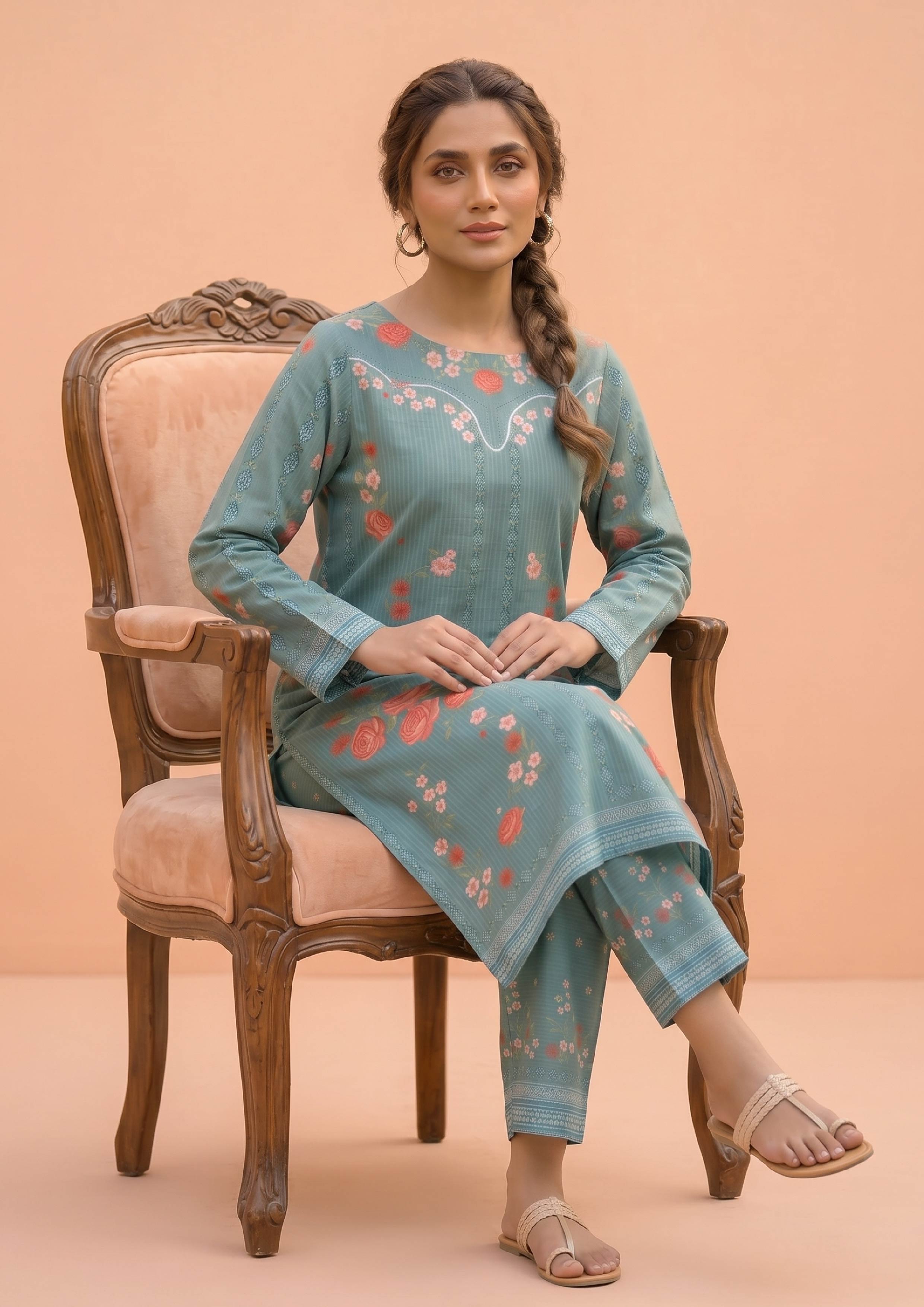 Side view of Mirasl Spring Marine floral printed kurti with matching trousers, designed as a comfortable ready-to-wear 2 piece stitched co-ord set