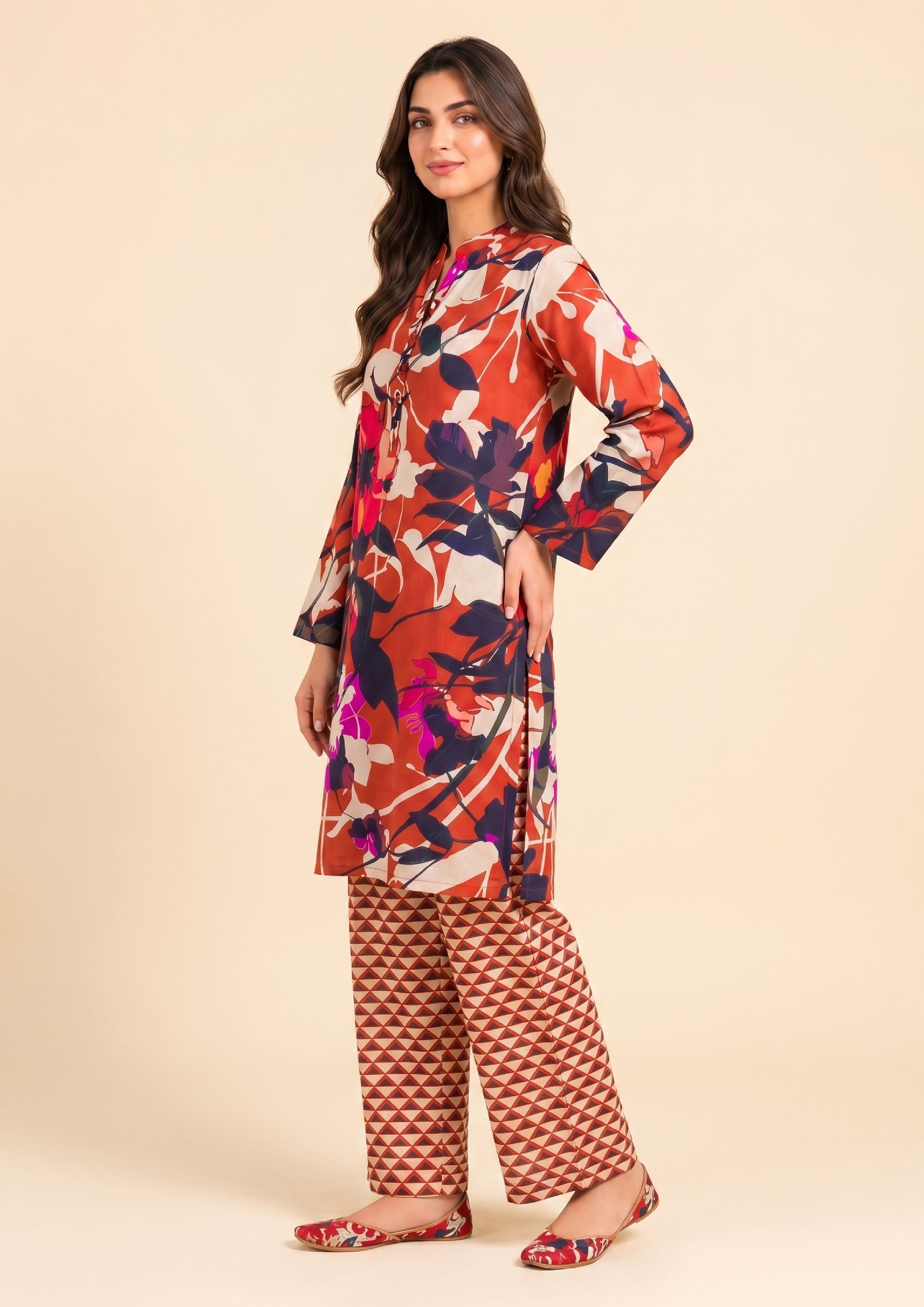 Back view of Mirasl Terracotta Fusion 2 piece co-ord set featuring a terracotta floral printed kurti and matching geometric printed trousers