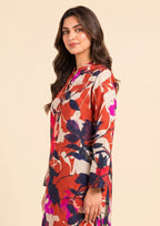 Mirasl Terracotta Fusion 2 piece stitched co-ord set with terracotta floral printed kurti, straight sleeves, and matching geometric printed trousers.