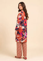 Close-up of Mirasl Terracotta Fusion floral printed kurti in terracotta, navy, cream, and pink tones from the 2 piece stitched co-ord set.