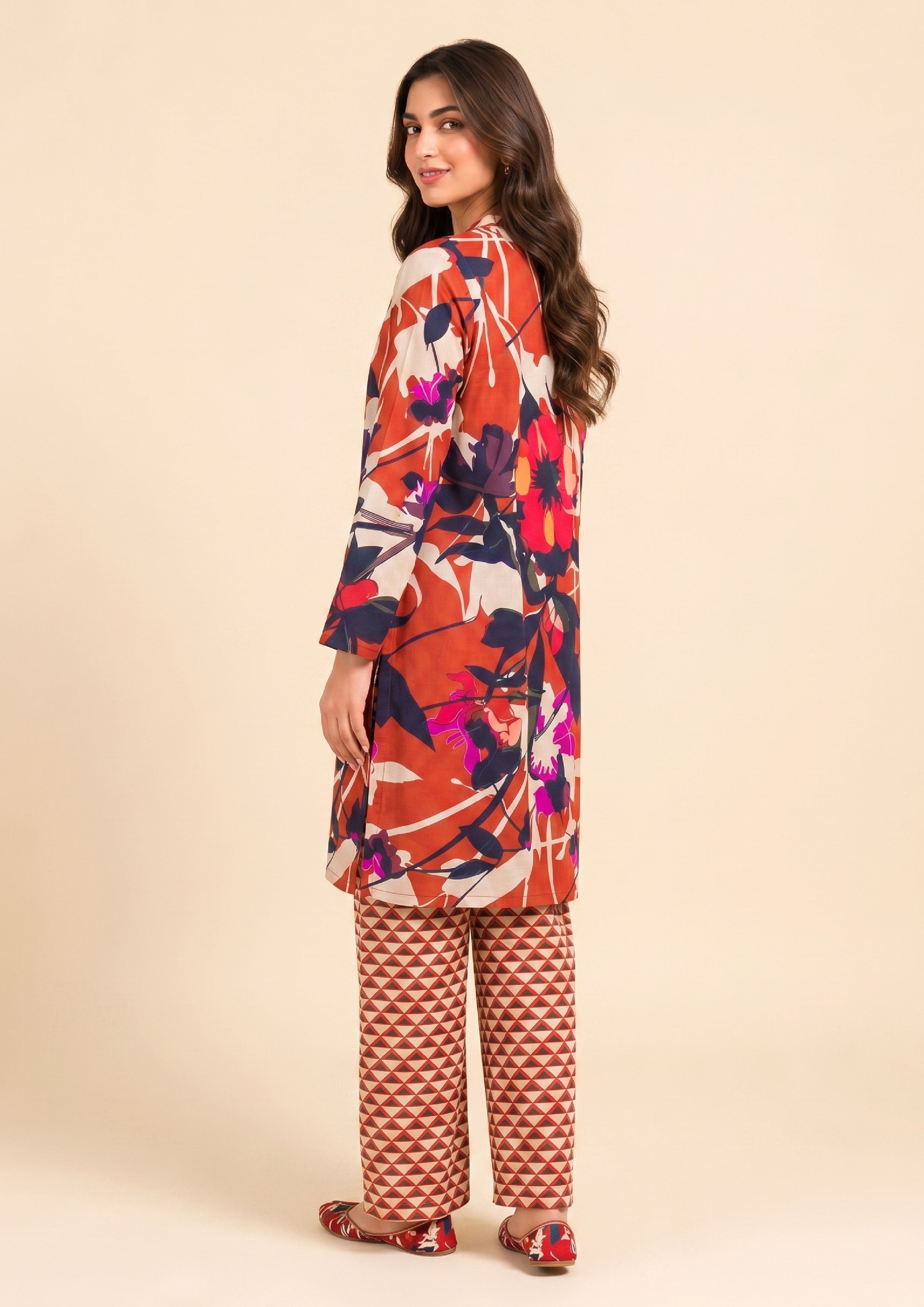 Close-up of Mirasl Terracotta Fusion floral printed kurti in terracotta, navy, cream, and pink tones from the 2 piece stitched co-ord set.