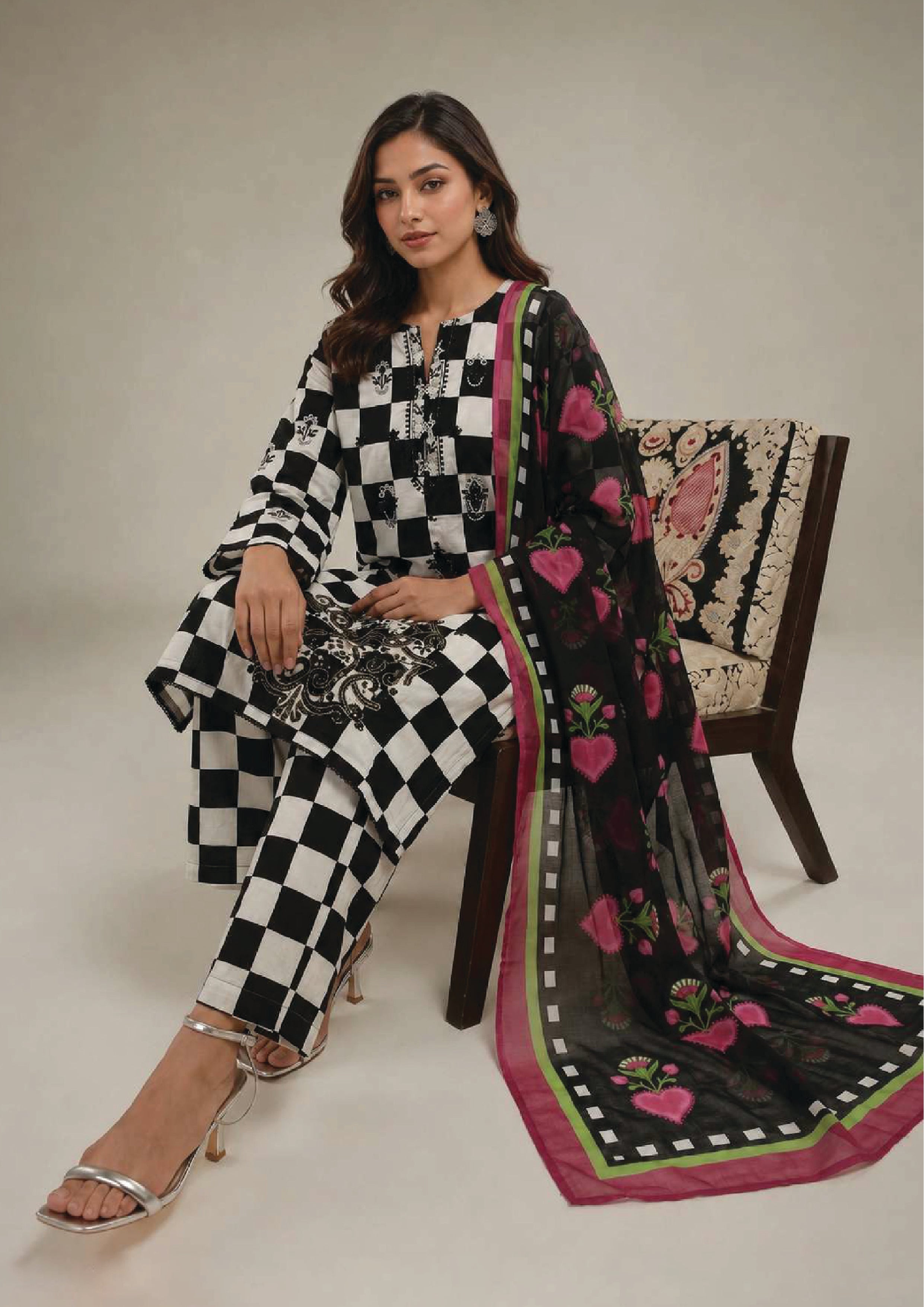 Front view of Mod-Check Noir black and white checkerboard 3 piece stitched lawn suit with matching trouser and magenta floral dupatta