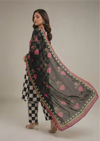 Full look of Mod-Check Noir checkerboard lawn suit showing black work motifs, matching trouser and sheer statement dupatta