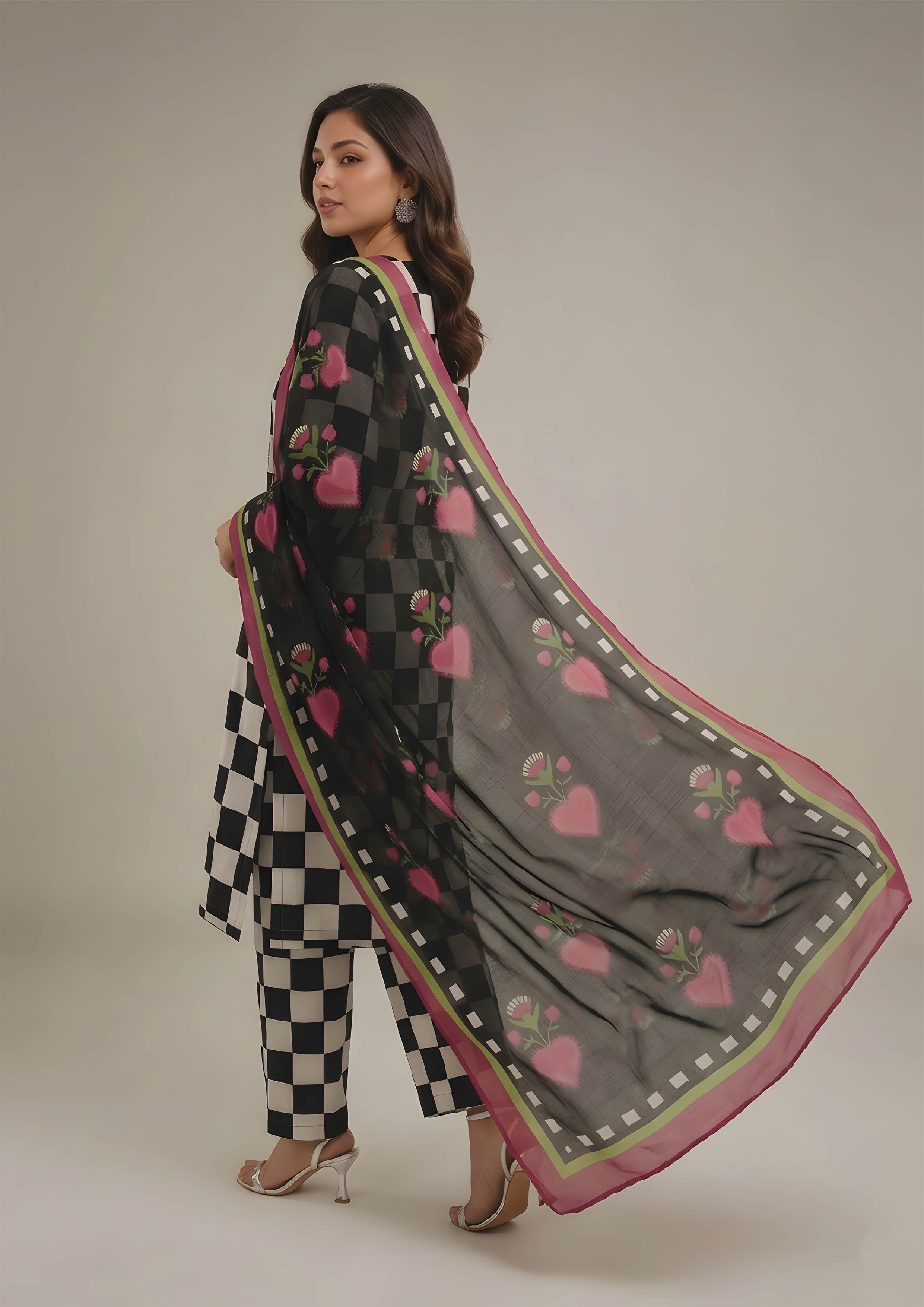 Full look of Mod-Check Noir checkerboard lawn suit showing black work motifs, matching trouser and sheer statement dupatta