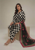 Back view of Mod-Check Noir black and white stitched lawn suit with flowing black dupatta featuring magenta heart florals and lime border