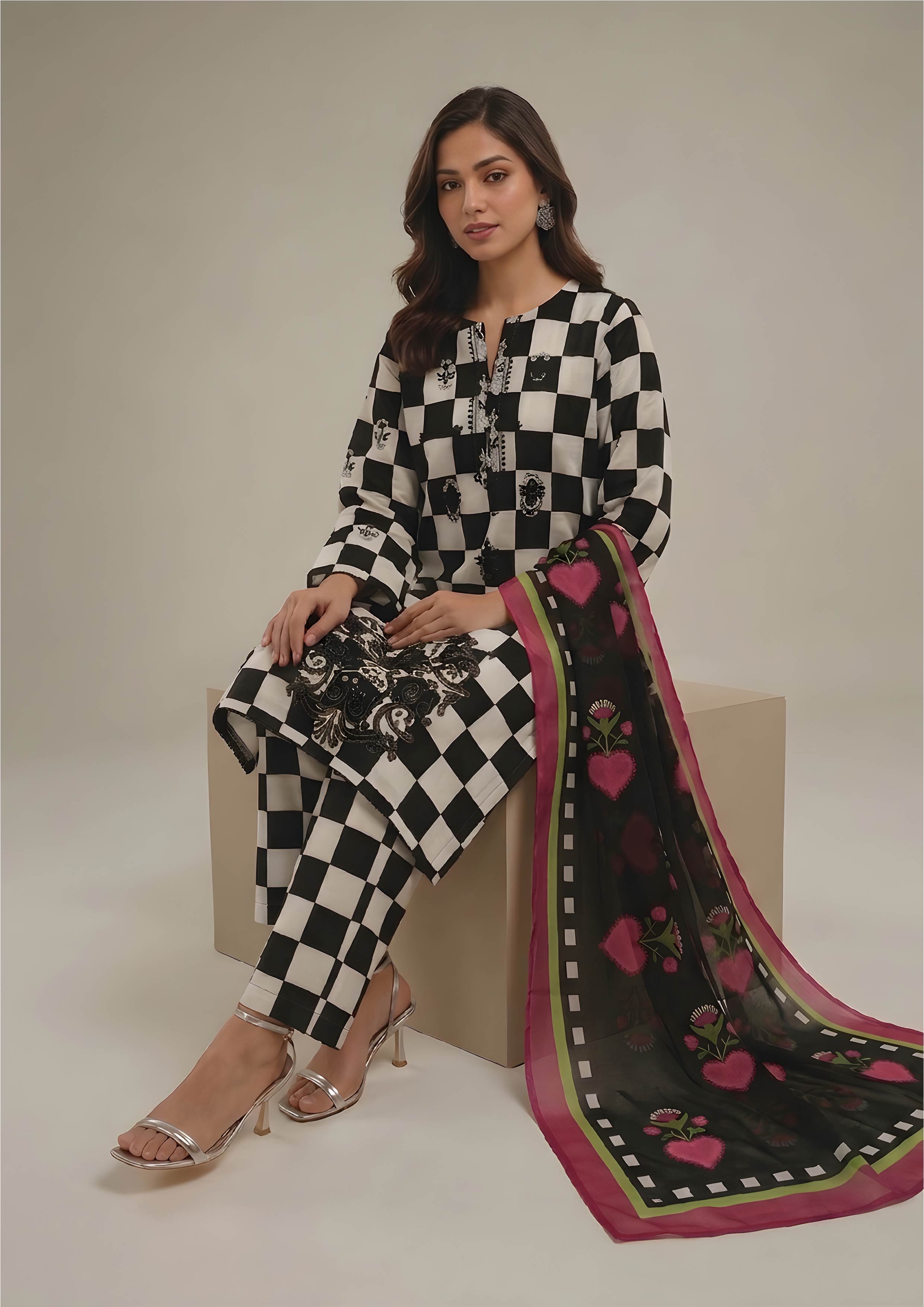 Back view of Mod-Check Noir black and white stitched lawn suit with flowing black dupatta featuring magenta heart florals and lime border