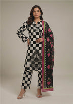 Seated front angle of Mod-Check Noir women stitched lawn suit with checkerboard kurta, matching trouser and magenta floral dupatta