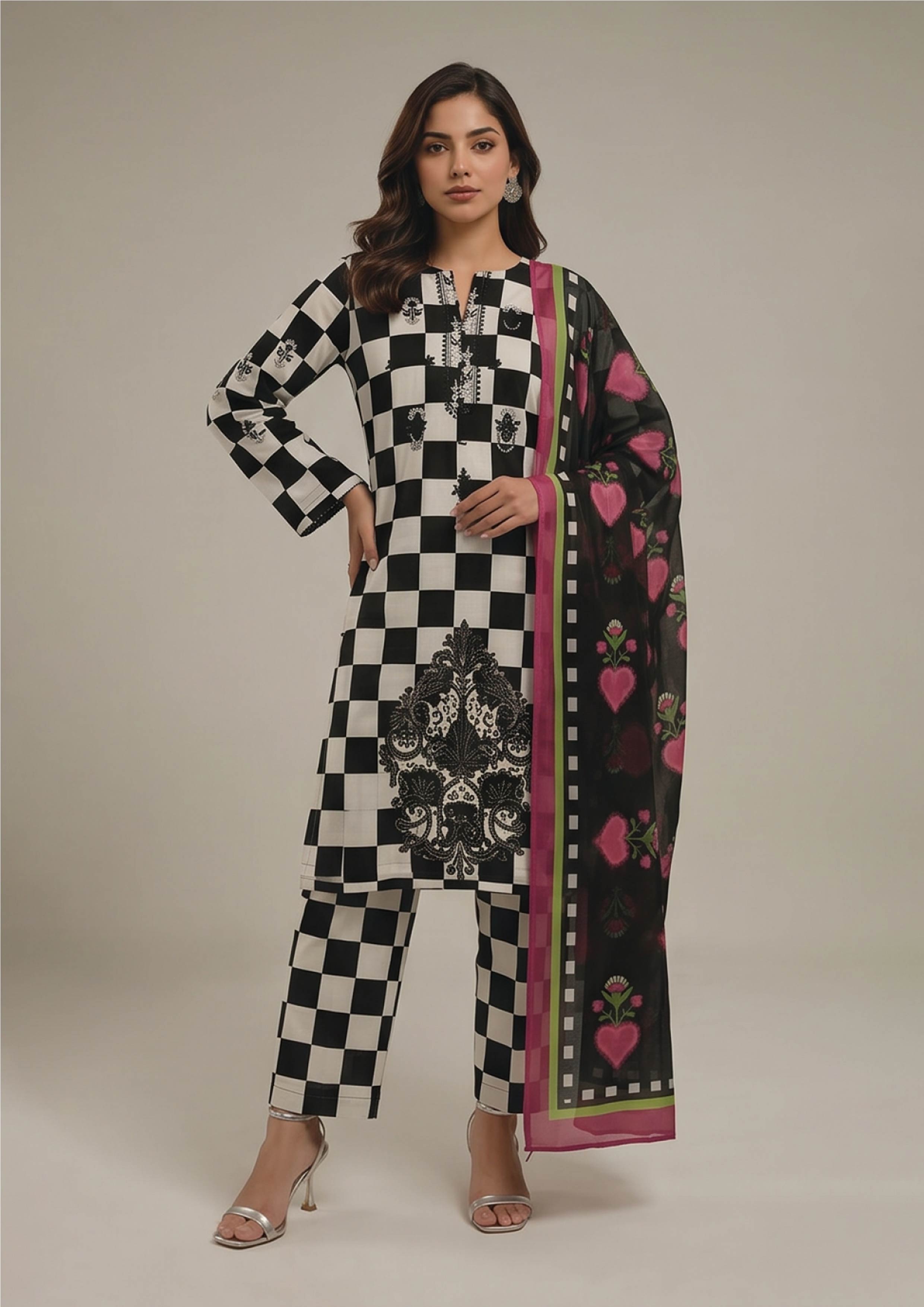 Seated front angle of Mod-Check Noir women stitched lawn suit with checkerboard kurta, matching trouser and magenta floral dupatta