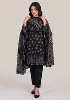 Modest black printed lawn suit with dupatta by Mirasl for office wear and casual gatherings
