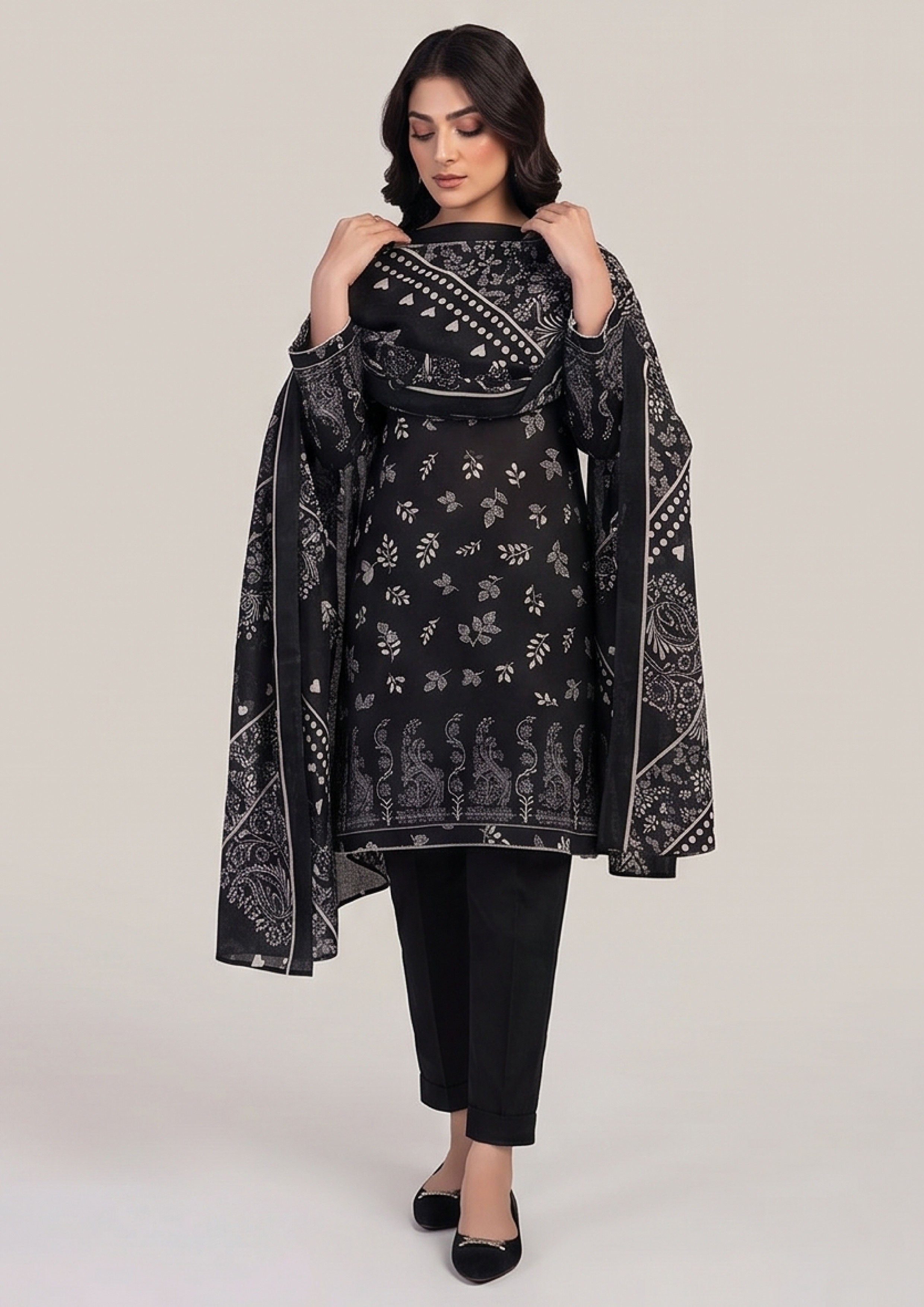 Modest black printed lawn suit with dupatta by Mirasl for office wear and casual gatherings