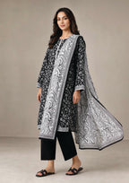 Monochrome marble dupatta styled with Mirasl black 3 piece stitched lawn suit for refined Pakistani women clothing