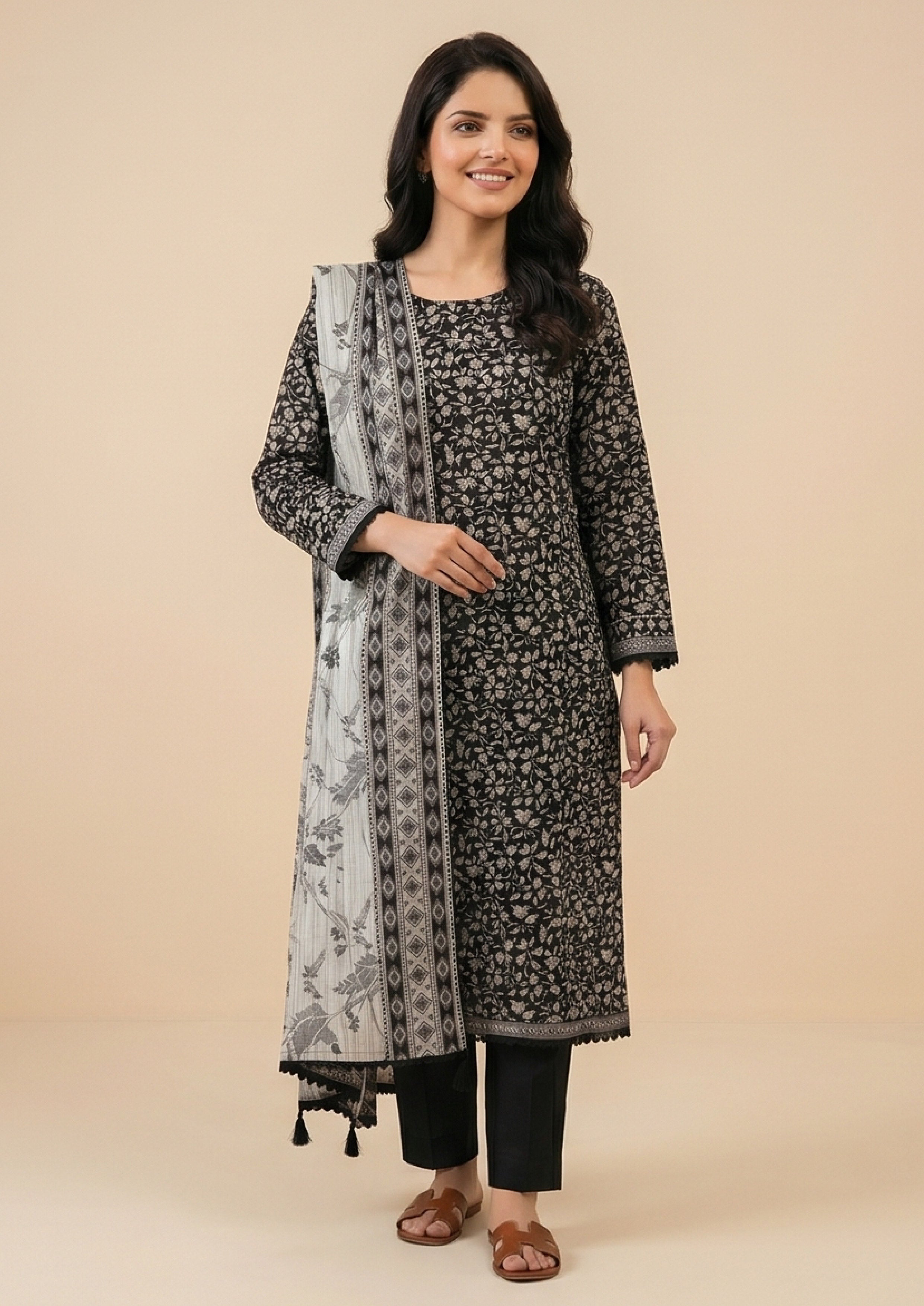 Monochrome Vine Noir 3 piece stitched lawn suit by Mirasl with black floral printed shirt, trouser and grey dupatta front view