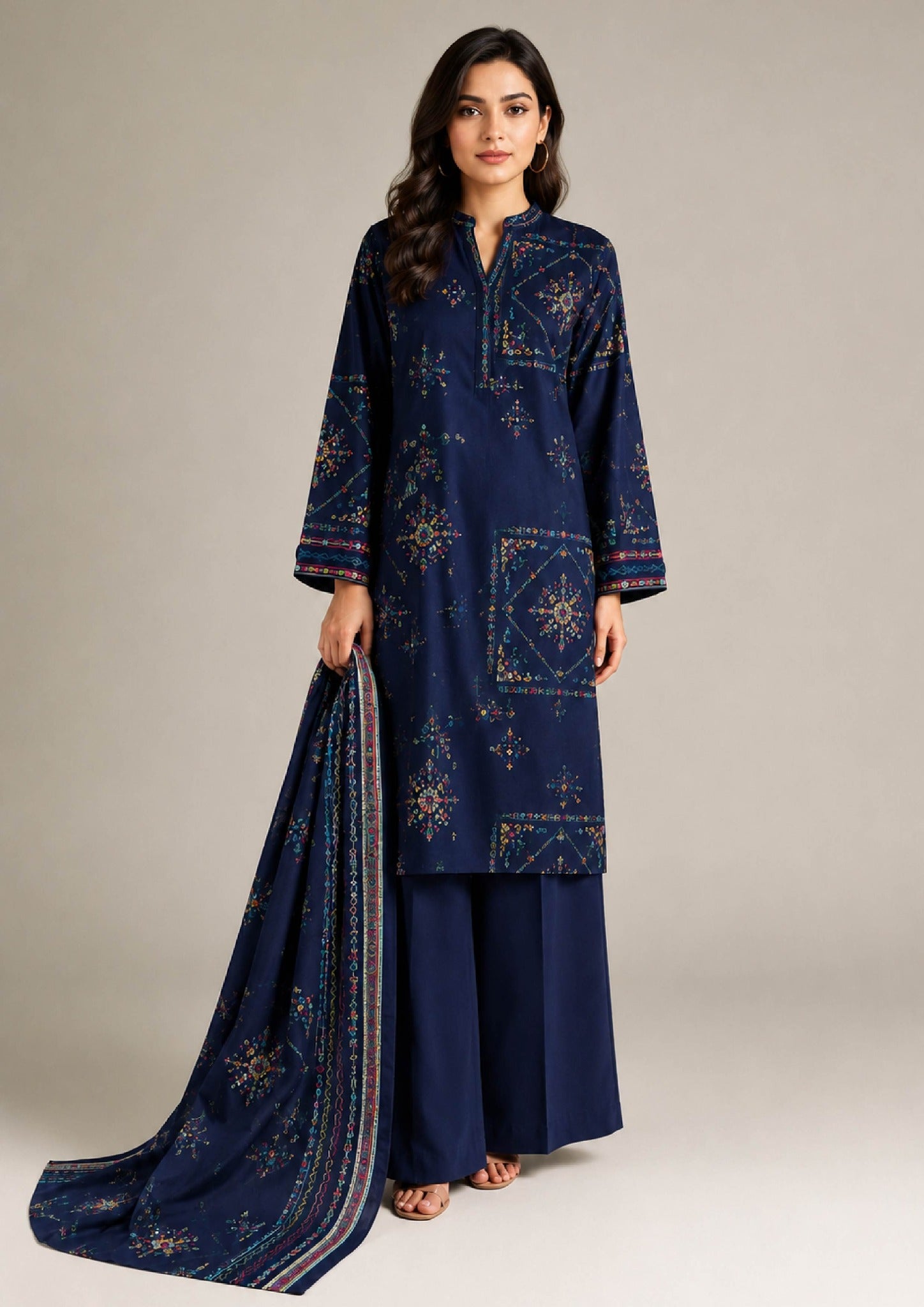 Navy Heritage 3 Piece Stitched Lawn Suit by Mirasl from the fasl-e-rang collection featuring a deep navy printed shirt, straight trousers and printed dupatta.