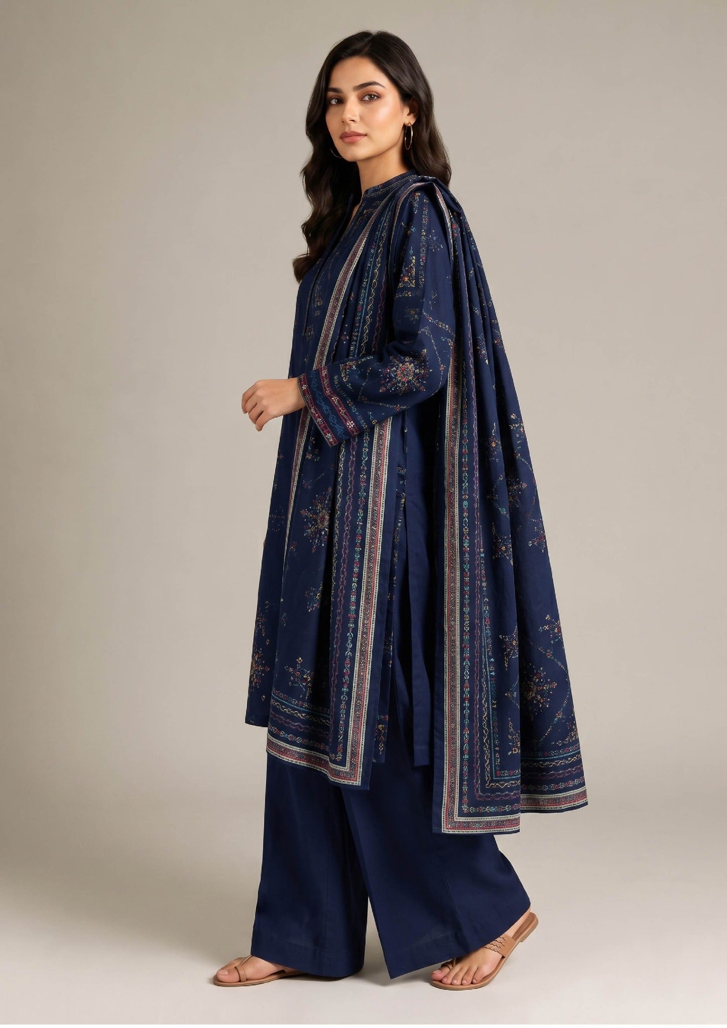 Back view of Navy Heritage Pakistani lawn dress with deep navy printed Cambric Lawn fabric and matching printed dupatta.