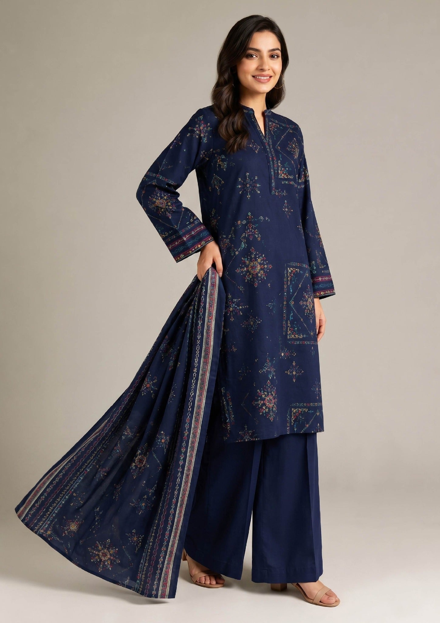 Side view of Navy Heritage women's lawn suit featuring lightweight summer styling, straight trousers and detailed printed dupatta.