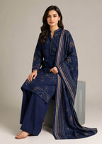 Front view of Navy Heritage ready to wear lawn suit by Mirasl with heritage-inspired motifs and premium Cambric Lawn fabric.