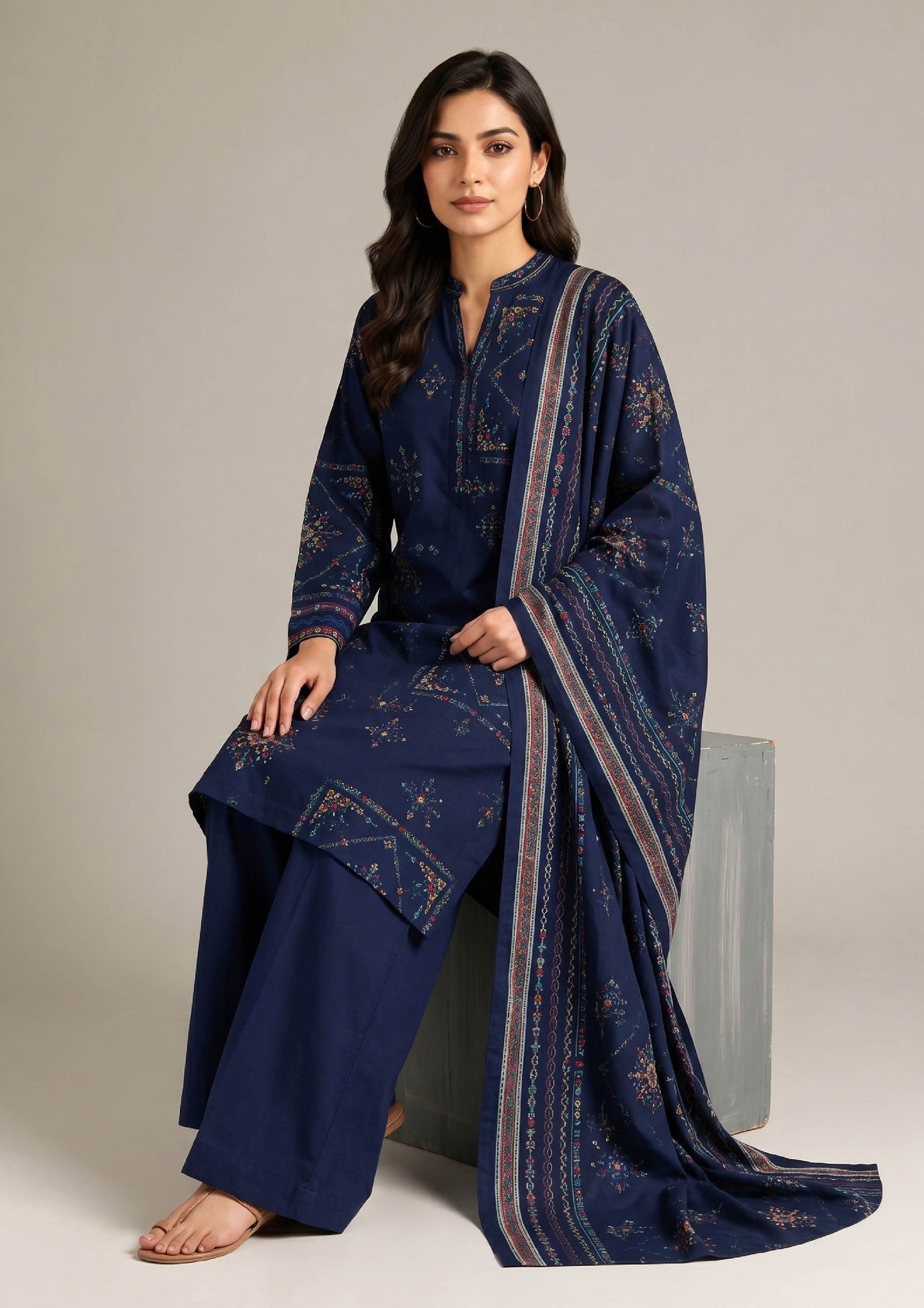 Front view of Navy Heritage ready to wear lawn suit by Mirasl with heritage-inspired motifs and premium Cambric Lawn fabric.