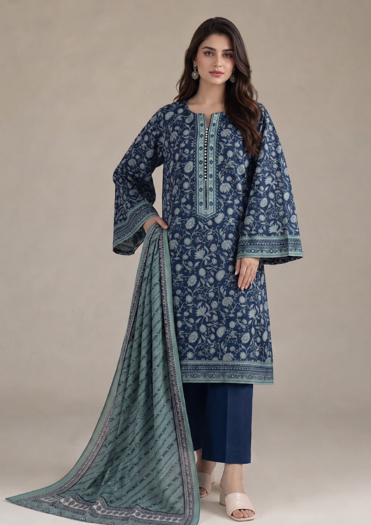Nocturnal Flora 3 Piece Stitched Lawn Suit from the fasl-e-rang collection by Mirasl featuring navy Printed Lawn with aqua printed dupatta.
