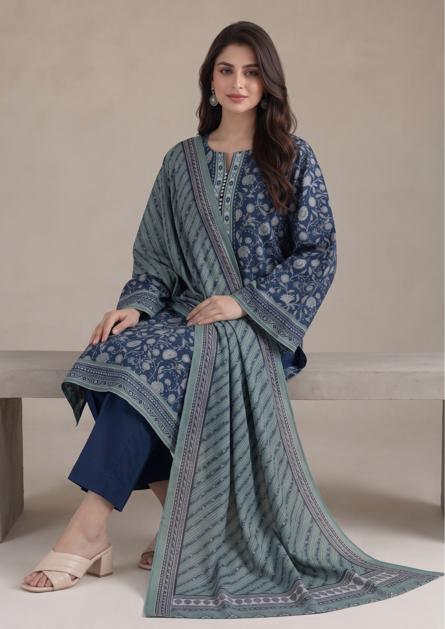 Side view of Nocturnal Flora 3 Piece Stitched Lawn Suit in Printed Lawn from the fasl-e-rang collection by Mirasl.