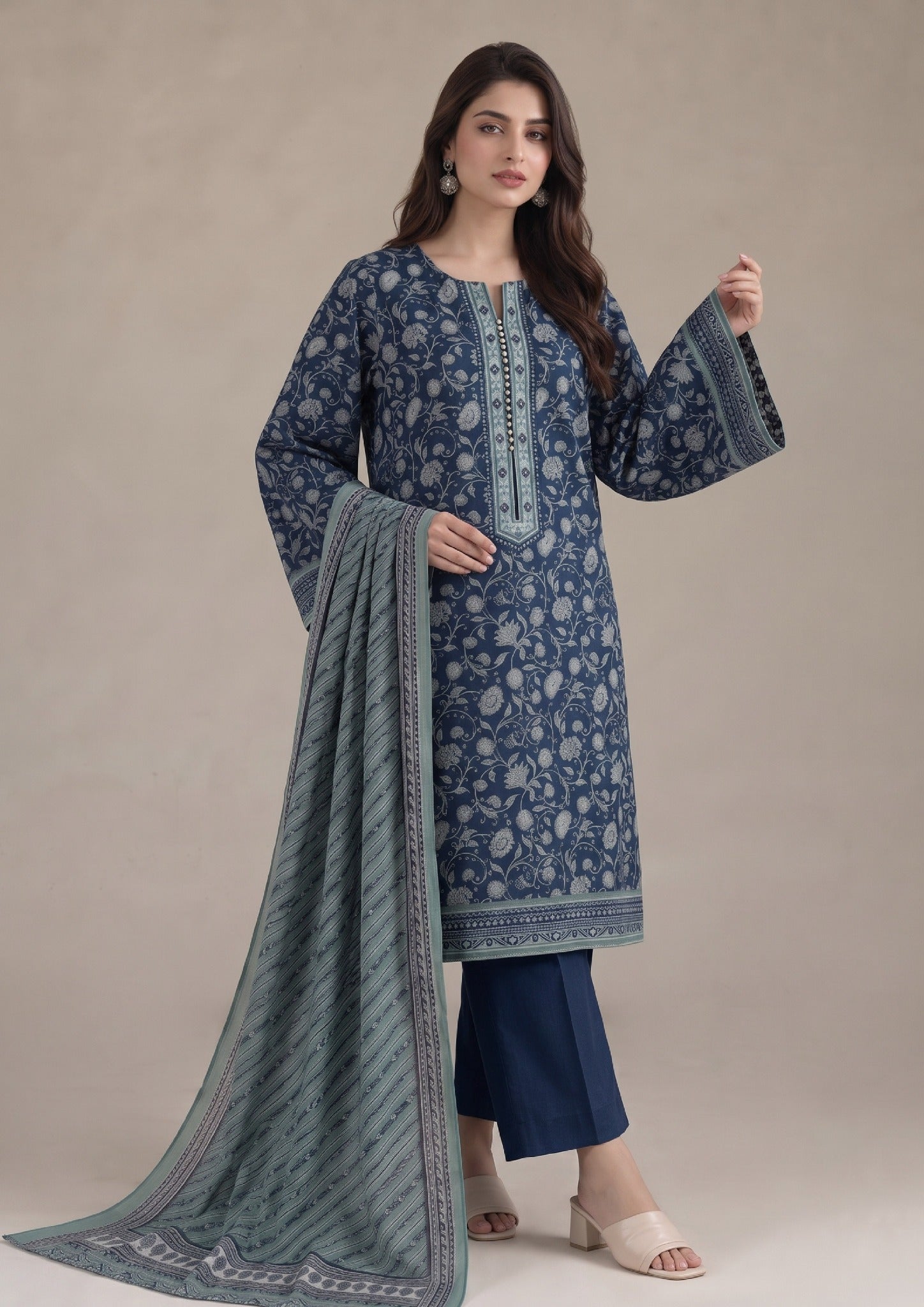 Front detail view of Nocturnal Flora 3 Piece Stitched Lawn Suit showing Printed Lawn shirt, neckline, and coordinated aqua dupatta.