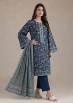 Seated view of Nocturnal Flora 3 Piece Stitched Lawn Suit from the fasl-e-rang collection by Mirasl with printed dupatta.