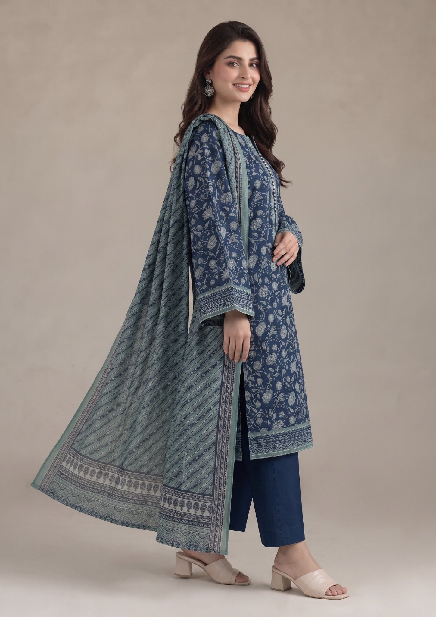 Front standing view of Nocturnal Flora 3 Piece Stitched Lawn Suit in breathable Printed Lawn with navy floral shirt and dupatta.