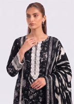 Noir Statement lawn suit with white decorative placket and floral print