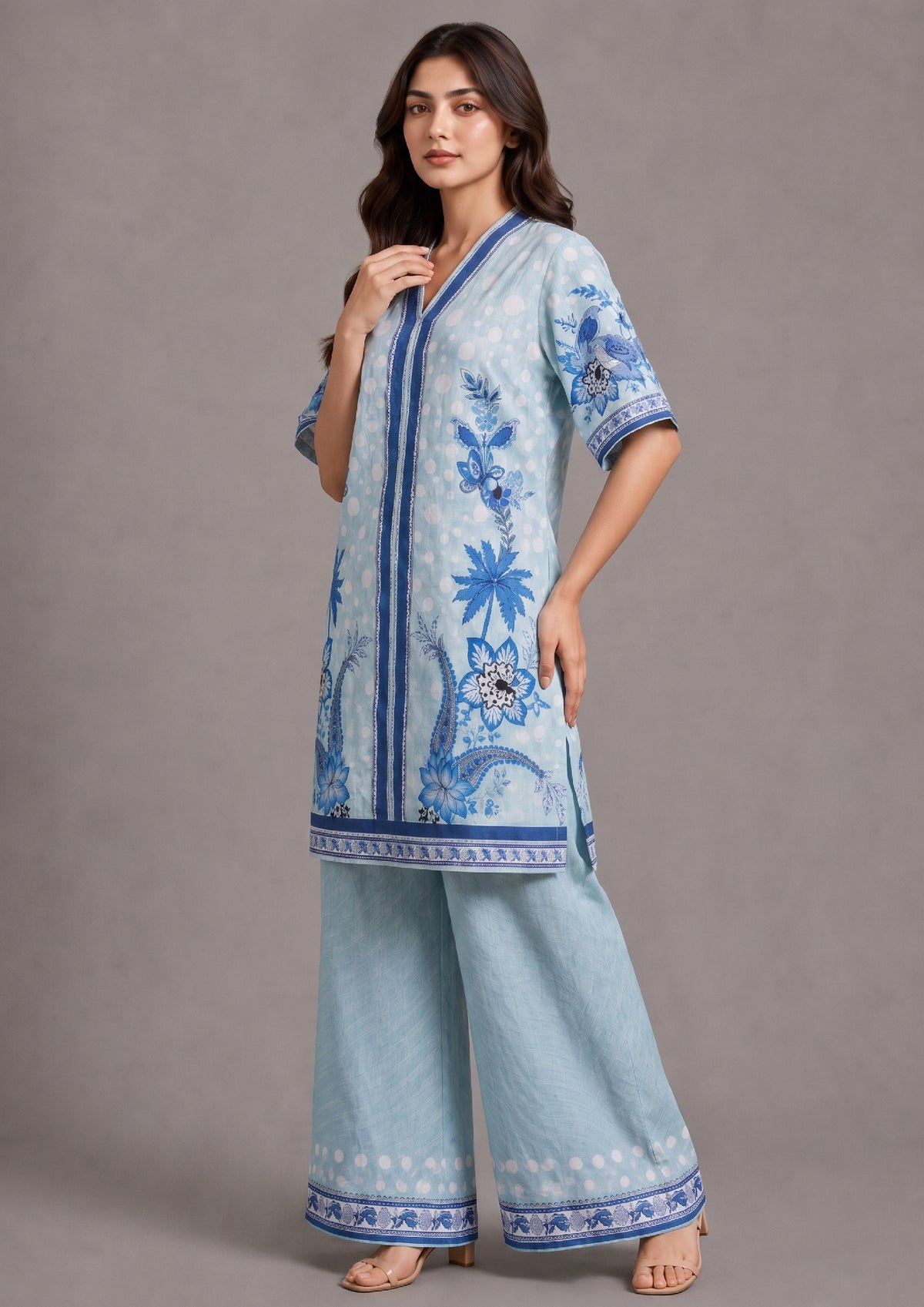 Ocean Whisper printed lawn SHIRT and matching BOTTOM with cobalt floral motifs and white polka dots, three-quarter view