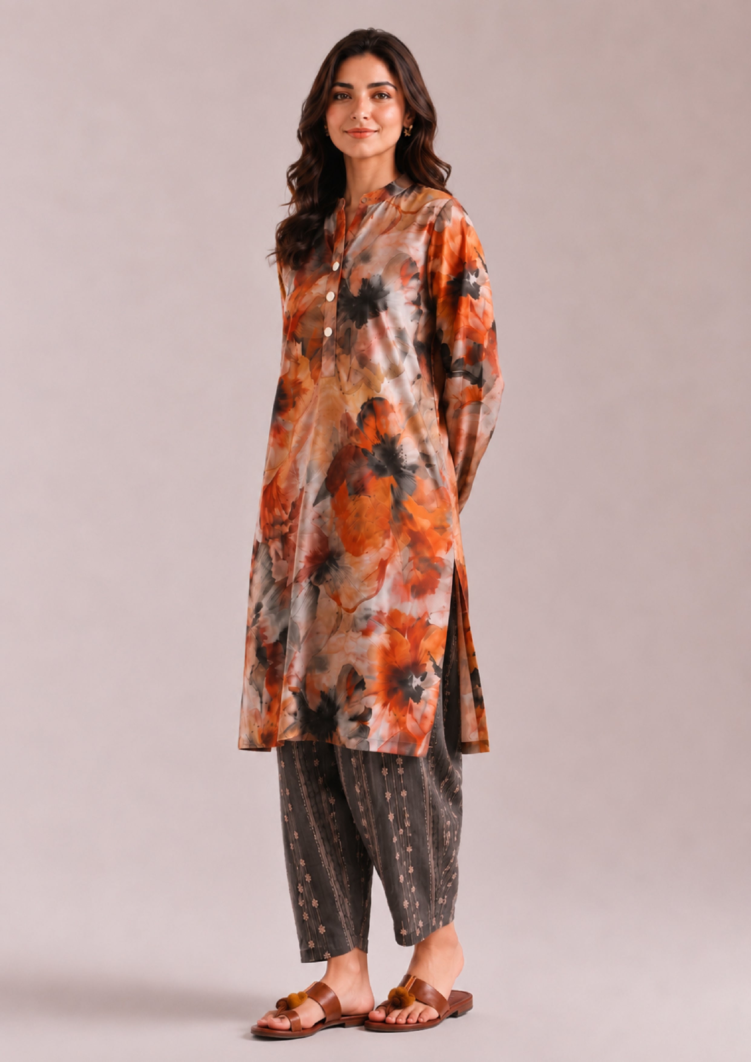 Three-quarter view of a women's orange, beige and charcoal grey floral Printed Lawn Suit featuring a straight shirt and striped trousers from the Fasl-e-Rang collection by Mirasl