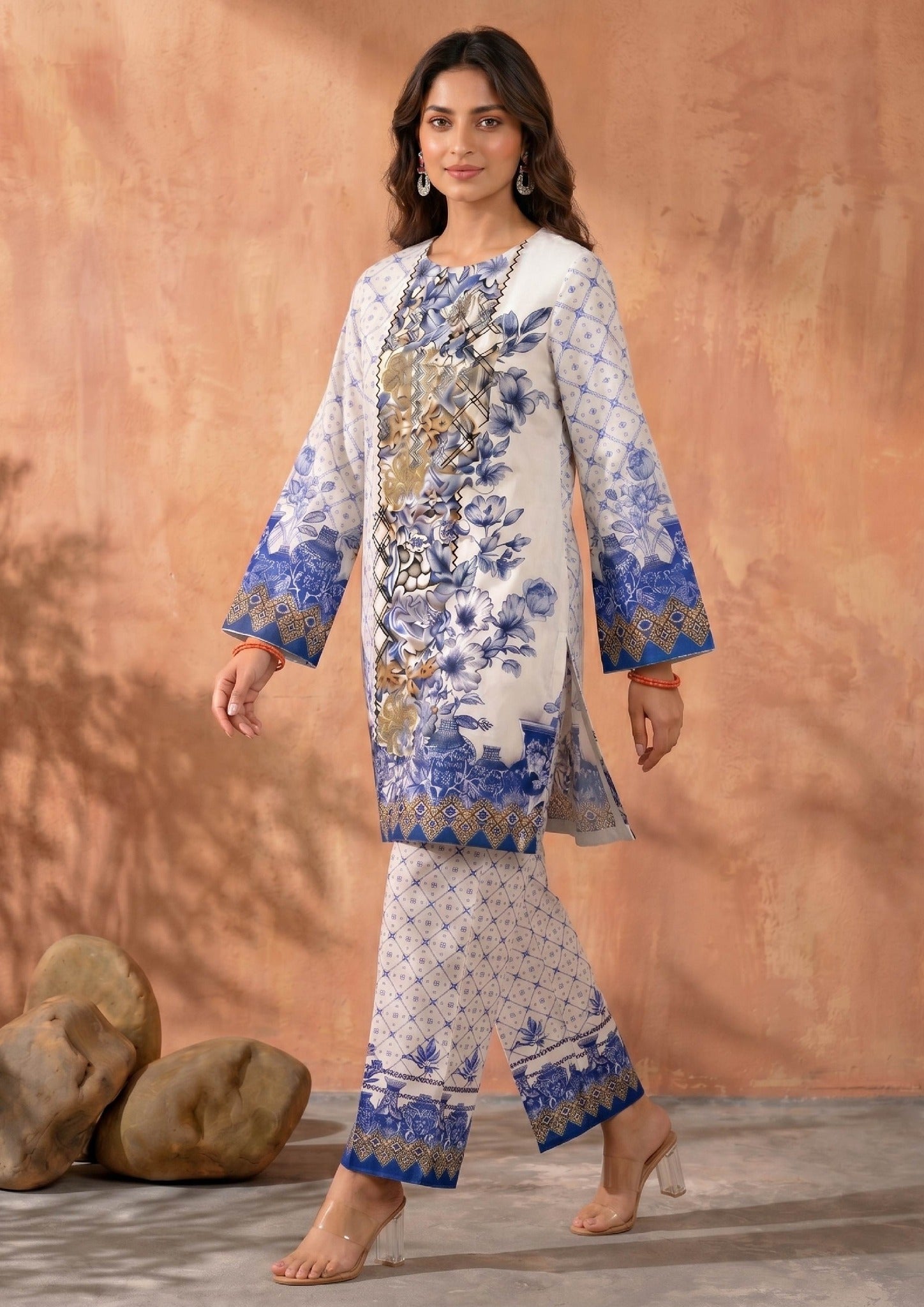 Side view of Mirasl Ornate Ocean 2 piece co-ord set showing the relaxed straight fit shirt, side slits, and coordinated printed straight trouser.