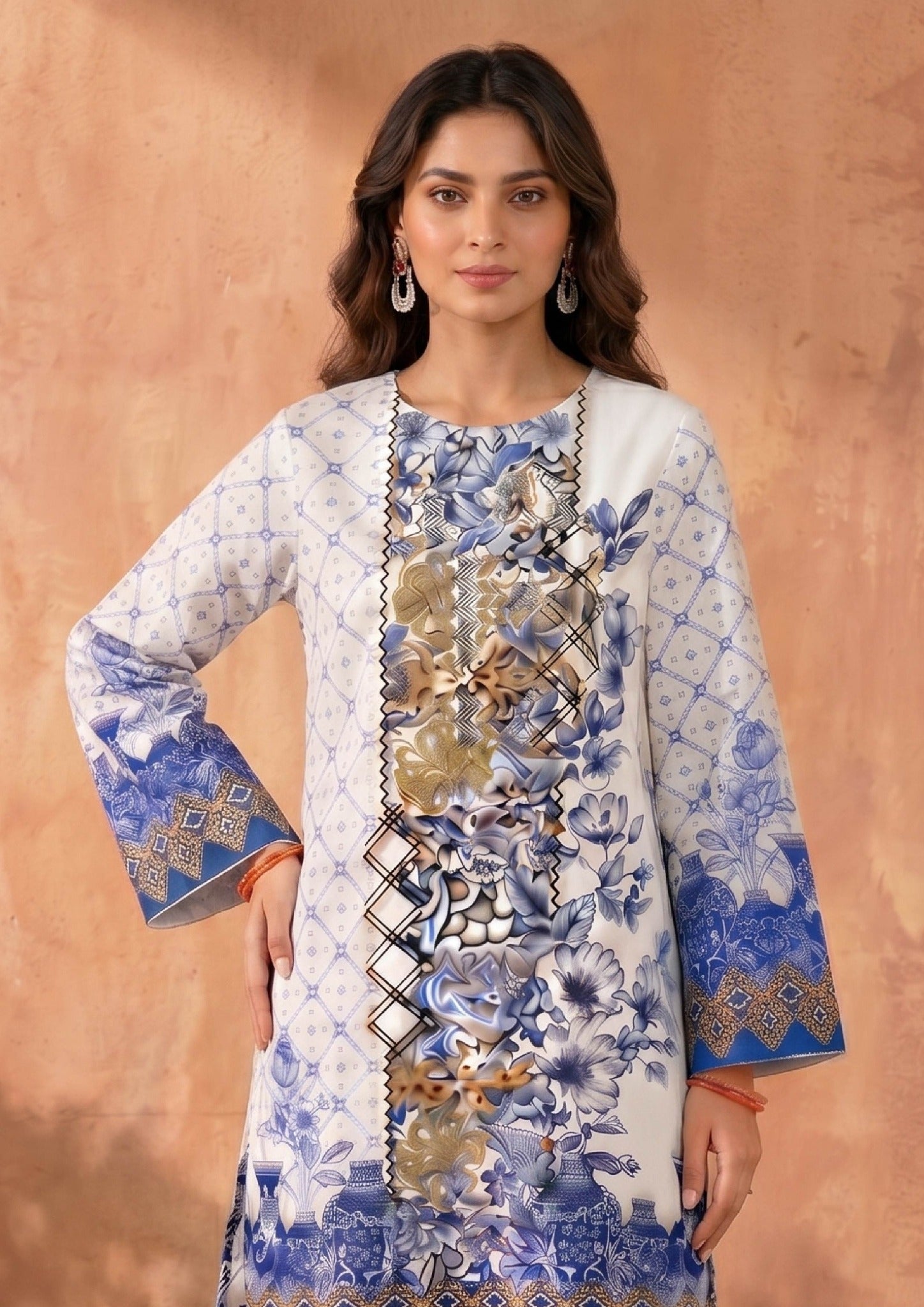Walking view of Mirasl Ornate Ocean ready-to-wear printed lawn co-ord set with ivory and ocean blue ornate floral print and printed straight trouser.