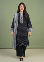 Pakistani black lawn suit by Mirasl with embroidered style neckline, scalloped hem detail and straight trouser