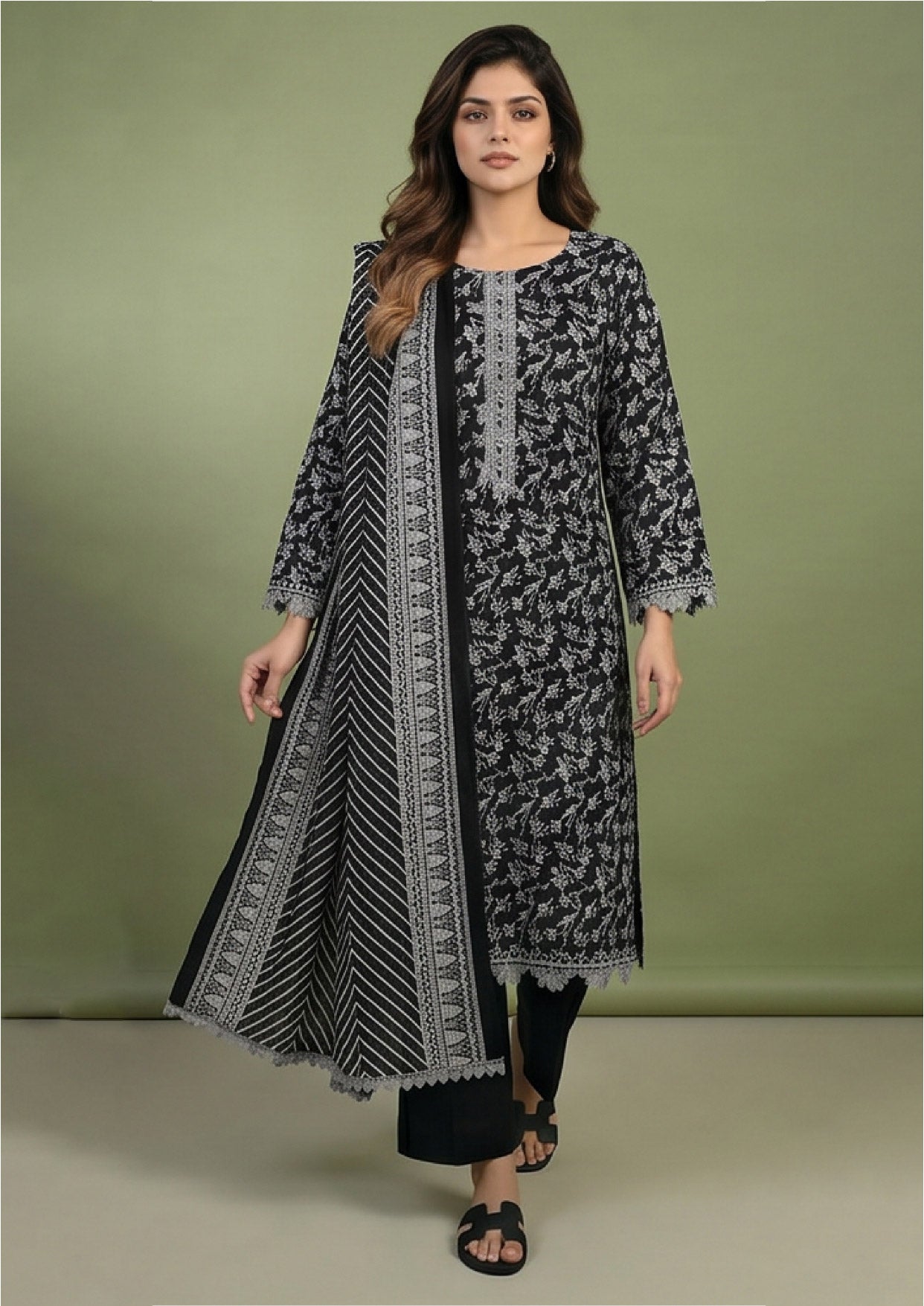 Pakistani black lawn suit by Mirasl with grey chevron dupatta, modest stitched design and comfortable daily wear styling