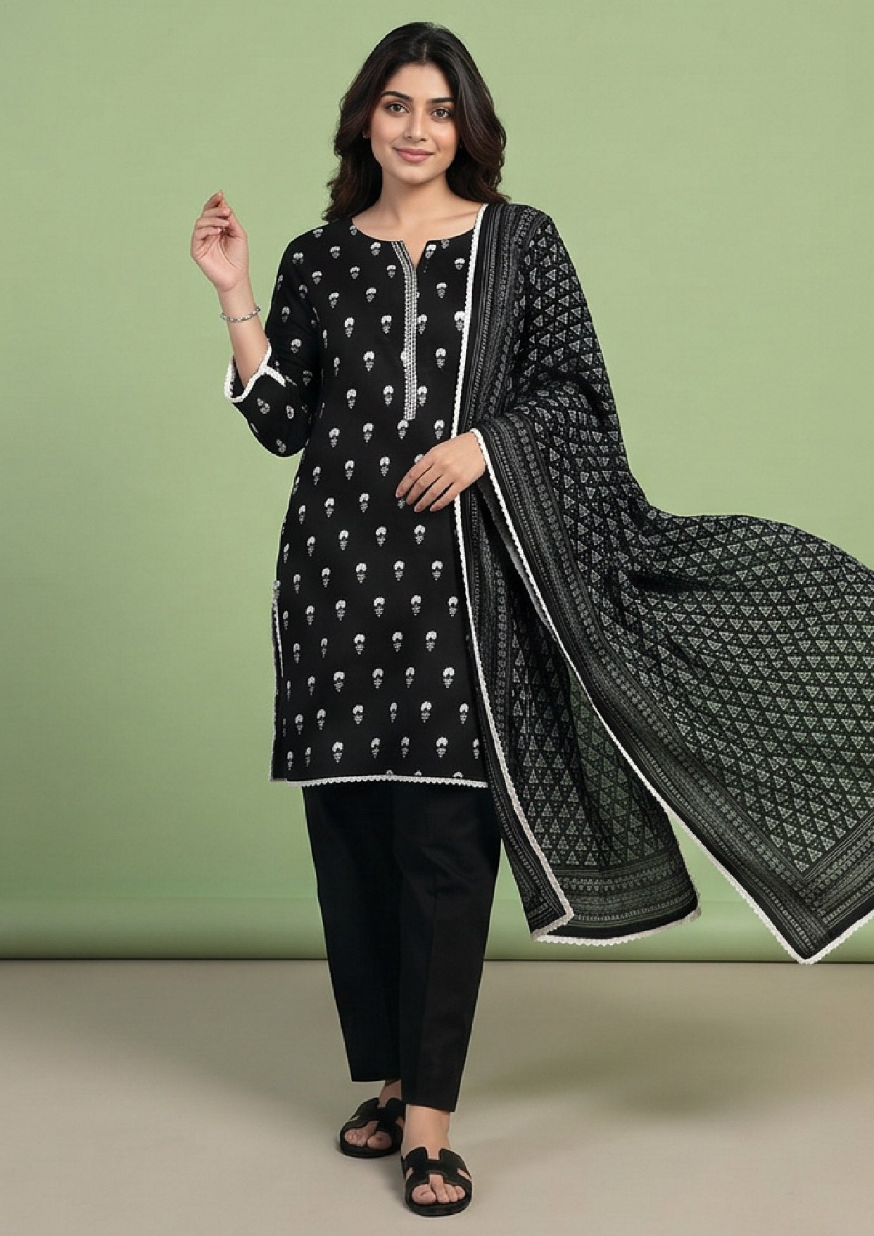 Pakistani black lawn suit by Mirasl with small ivory motif print, stitched shirt and modest ready to wear styling