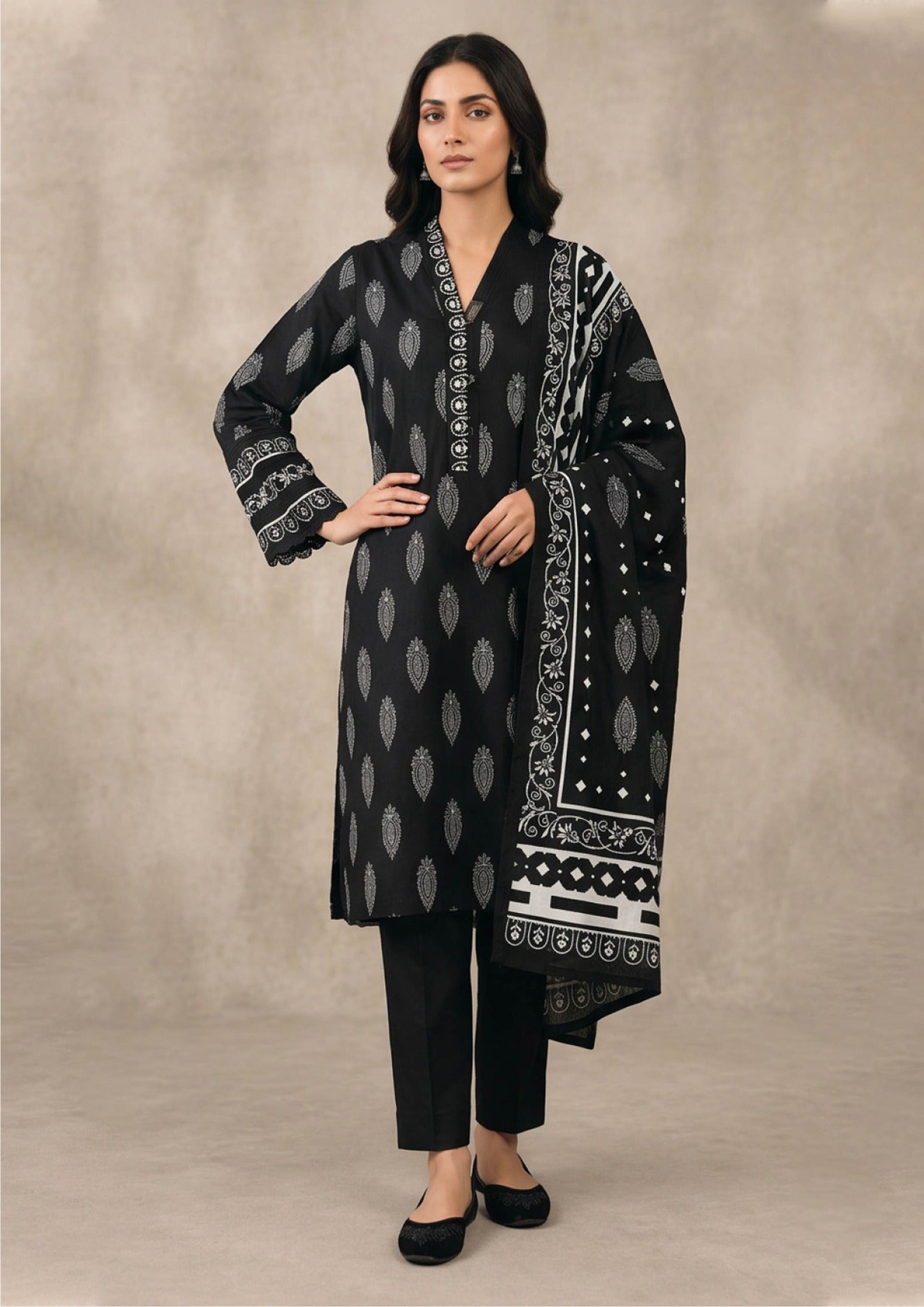 Pakistani Charcoal Noir 3 piece lawn suit for office and semi formal wear