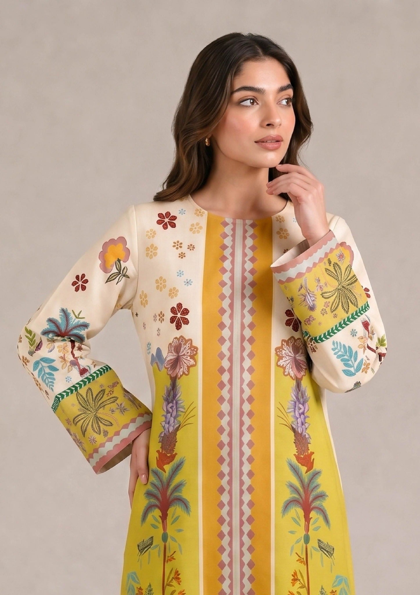 Close view of Mirasl Palm Grove 2 piece printed lawn co-ord set showing tropical floral artwork, sleeve border, and neckline detail.