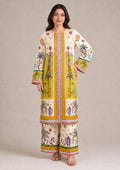 Mirasl Palm Grove 2 piece printed lawn co-ord set in ivory cream and mustard yellow with tropical palm floral print and printed straight trouser.