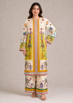 Mirasl Palm Grove 2 piece printed lawn co-ord set in ivory cream and mustard yellow with tropical palm floral print and printed straight trouser.