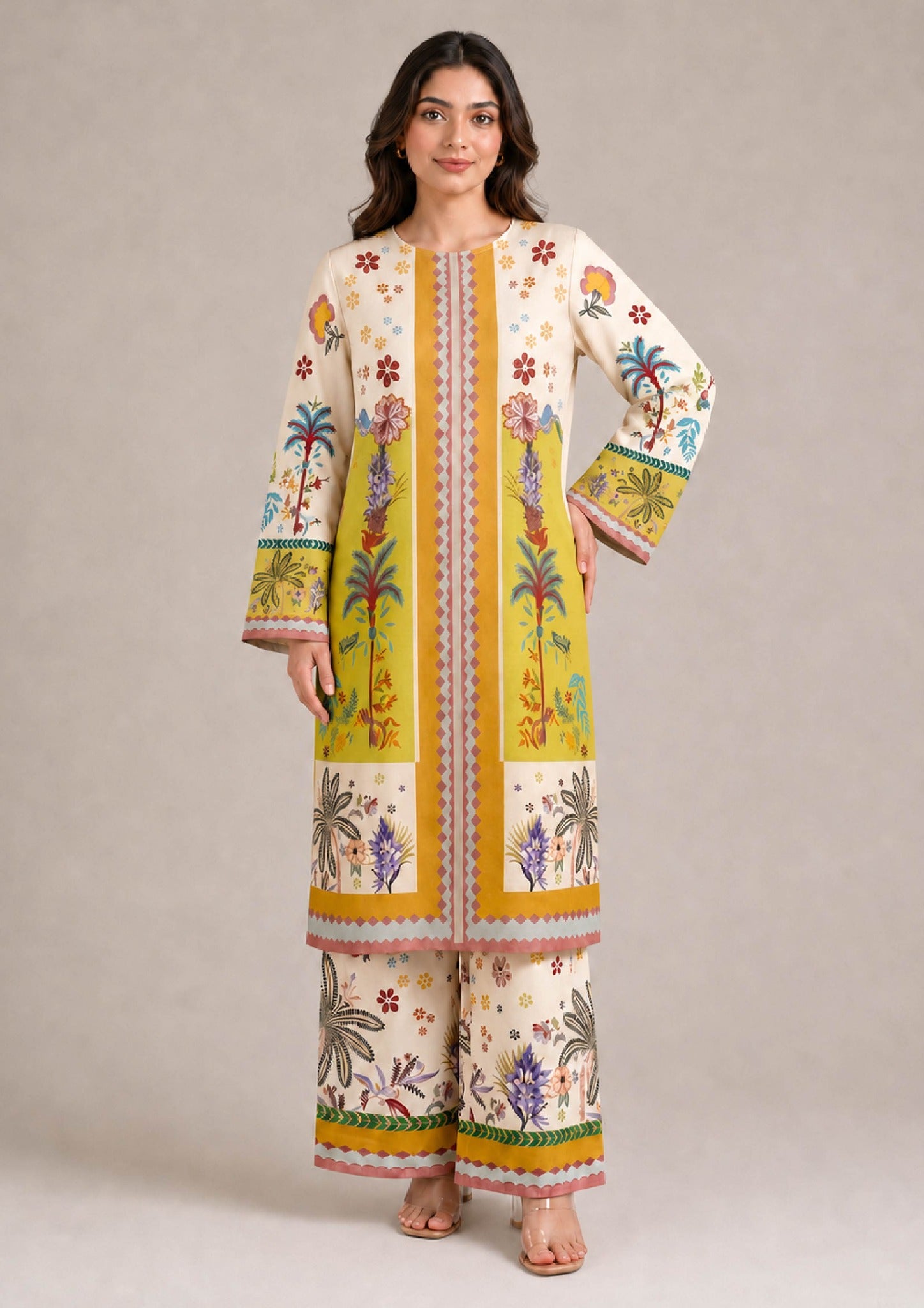 Mirasl Palm Grove 2 piece printed lawn co-ord set in ivory cream and mustard yellow with tropical palm floral print and printed straight trouser.