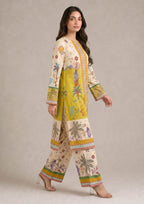 Front view of Mirasl Palm Grove 2 piece printed lawn co-ord set with mustard palm print shirt and coordinated printed straight trouser.