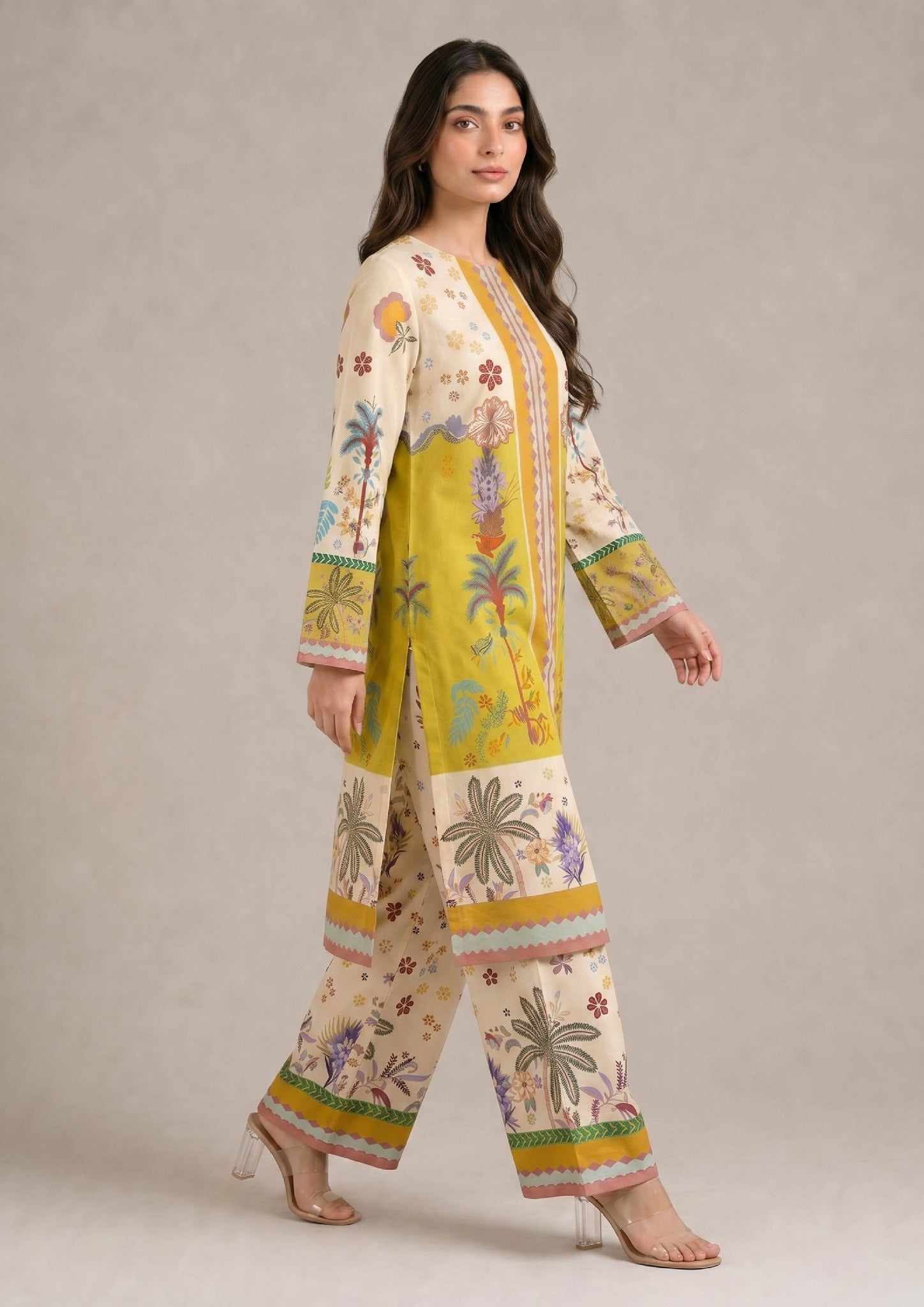 Front view of Mirasl Palm Grove 2 piece printed lawn co-ord set with mustard palm print shirt and coordinated printed straight trouser.