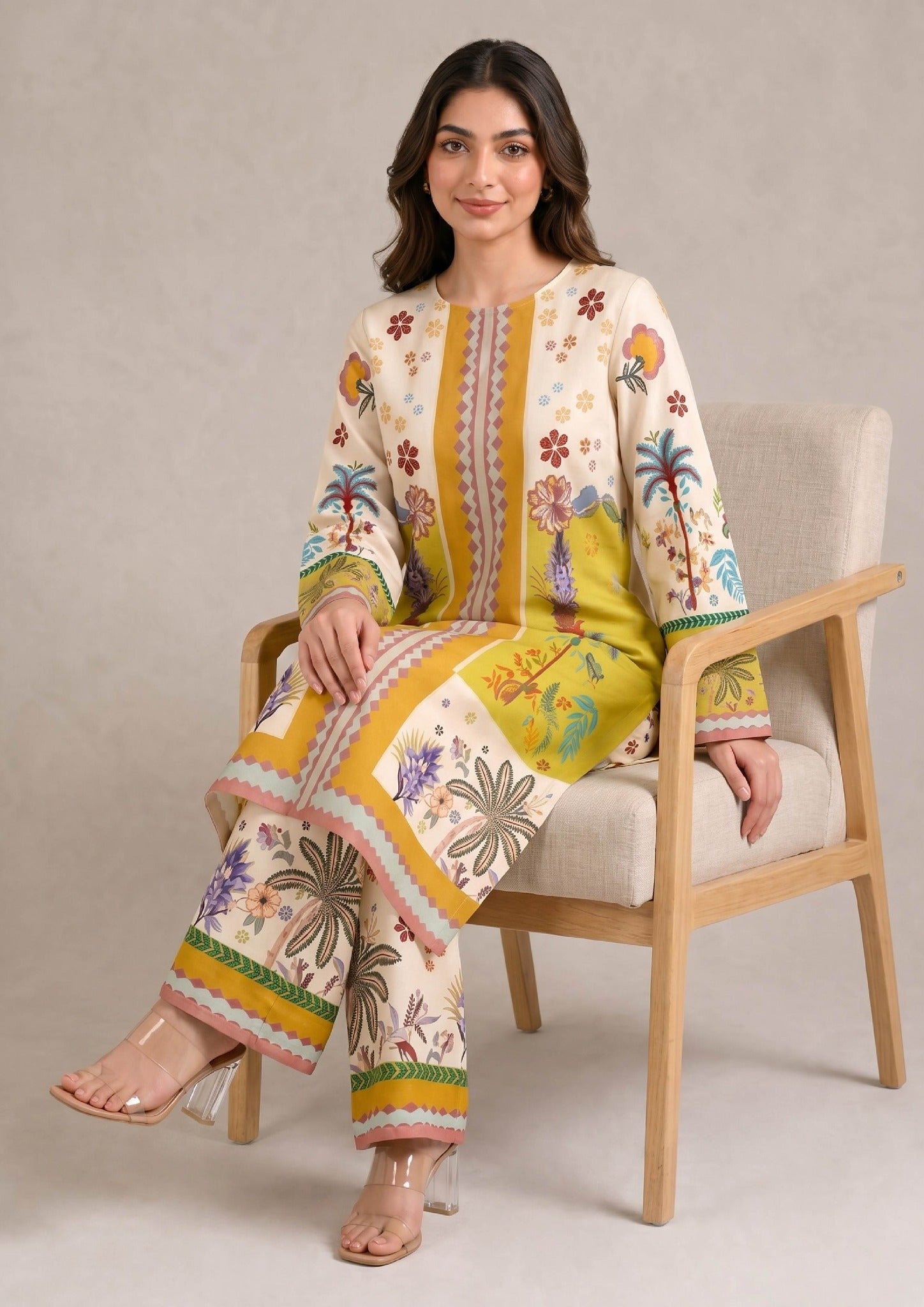 Side view of Mirasl Palm Grove printed lawn co-ord set showing knee-level shirt, side slits, and printed straight trouser.
