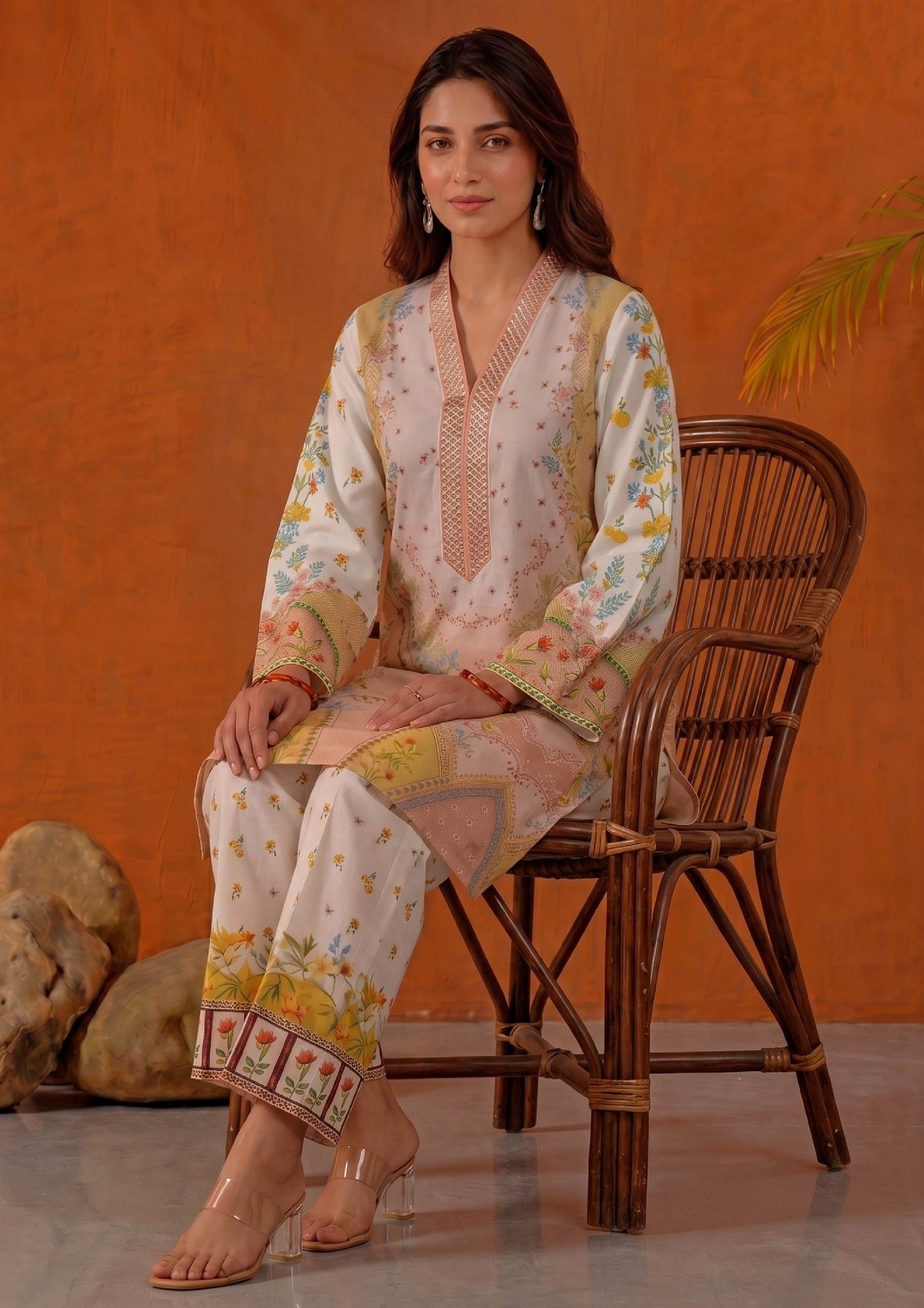 Seated model wearing Mirasl Peach Blossom 2 piece printed lawn co-ord set with soft peach floral shirt and printed straight trouser.
