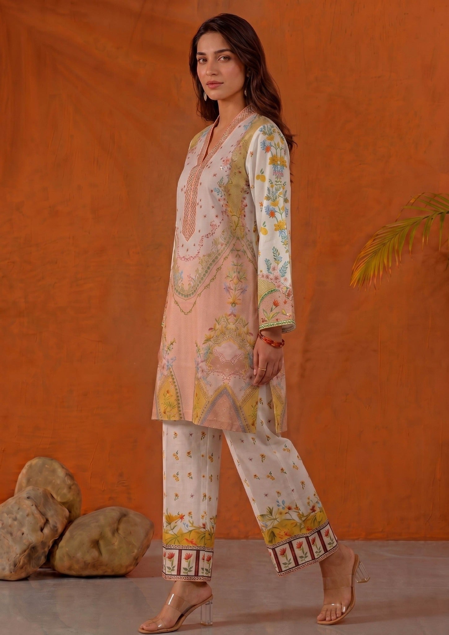 Side view of Mirasl Peach Blossom 2 piece co-ord set showing knee-level printed lawn shirt, side slits and matching printed straight trouser.