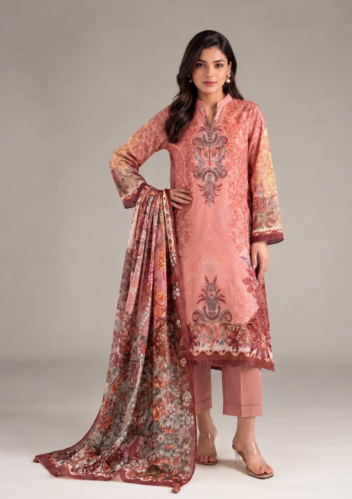 Peach Flora 3 Piece Stitched Lawn Suit in Printed Lawn with warm floral print and matching dupatta by Mirasl
